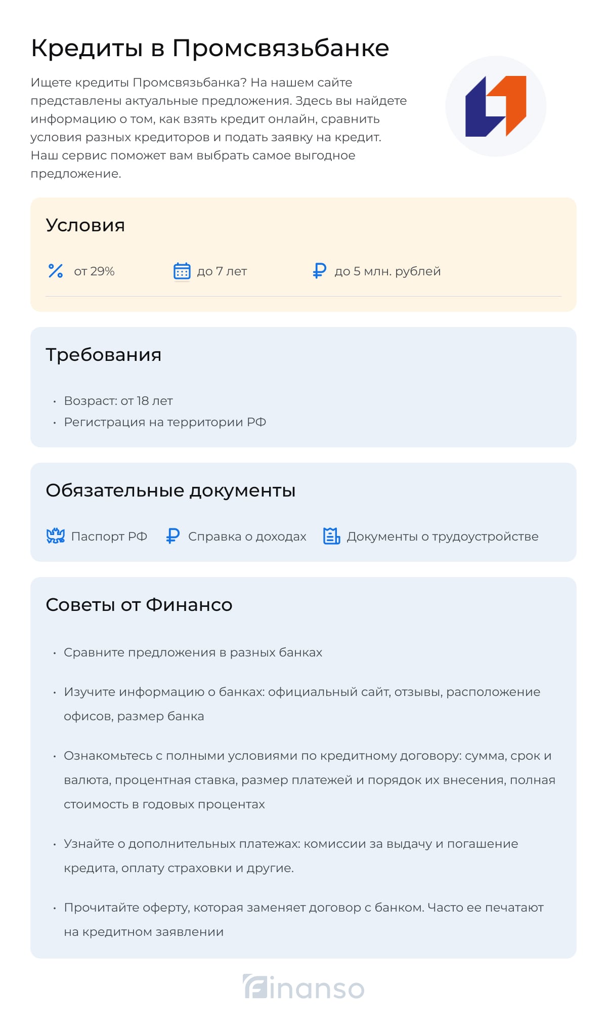 Кредиты в Промсвязьбанке